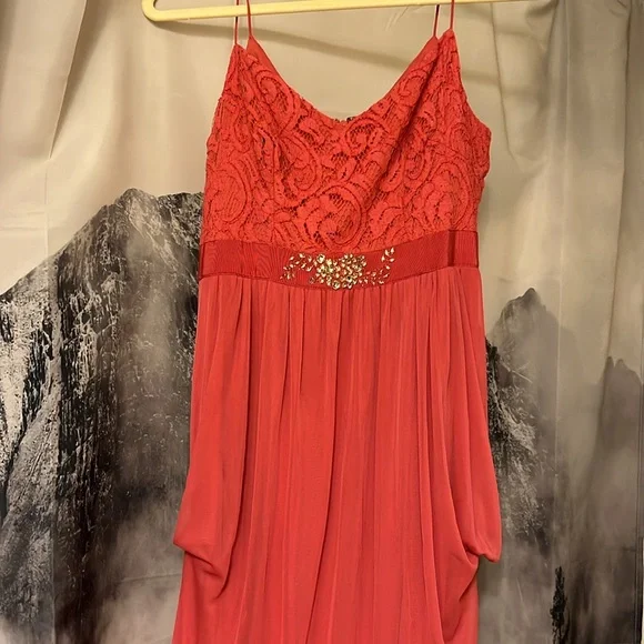 Adrianna Papell Women’s Spaghetti-Strap Lace Formal Prom Gown in French Coral - Picture 3 of 6